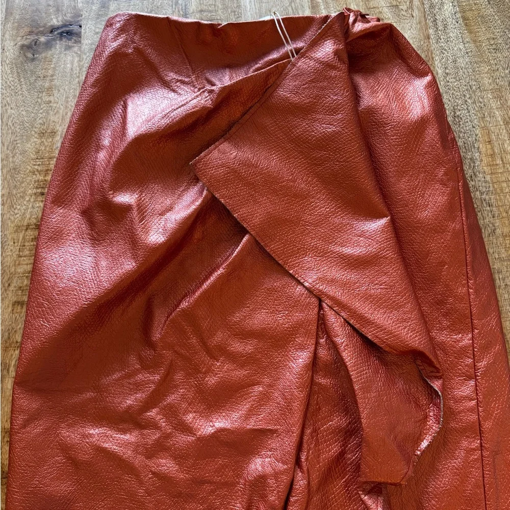 Ramy Brook Asymmetrical ruffle midi bronze orange Copper faux leather Skirt NWT